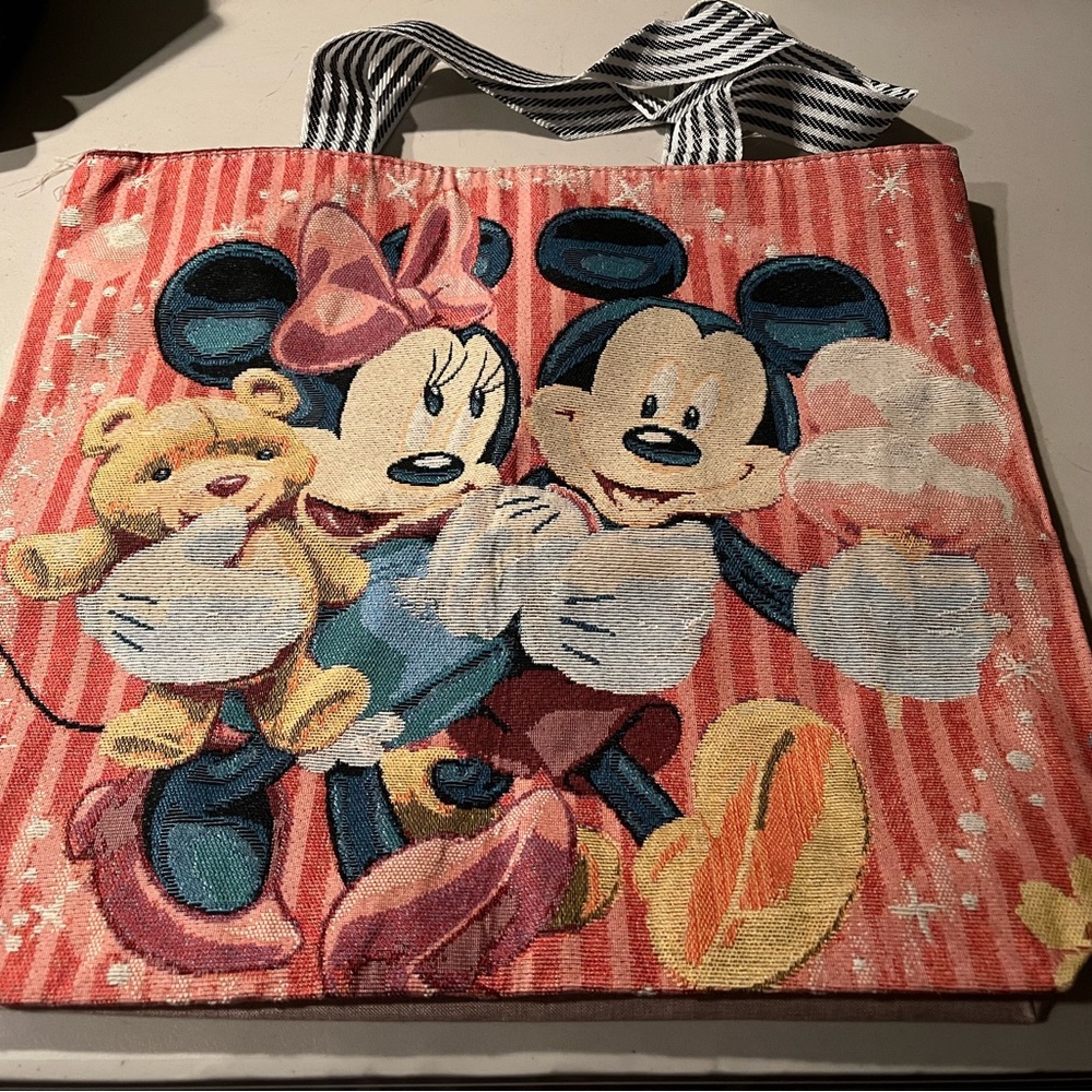 Disney Pink and Blue Tote Bag with Mickey and Minnie. Canvas tote cloth